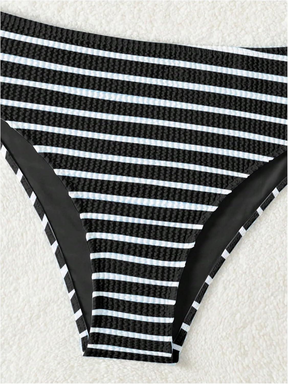 imageSOLY HUX Womens Striped Bathing Suit V Neck High Waisted Bikini Sets Two Piece SwimsuitBlack Striped