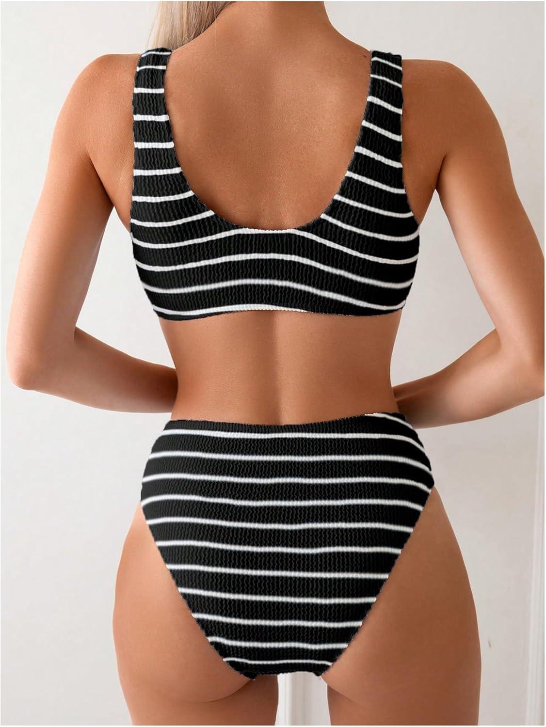 imageSOLY HUX Womens Striped Bathing Suit V Neck High Waisted Bikini Sets Two Piece SwimsuitBlack Striped