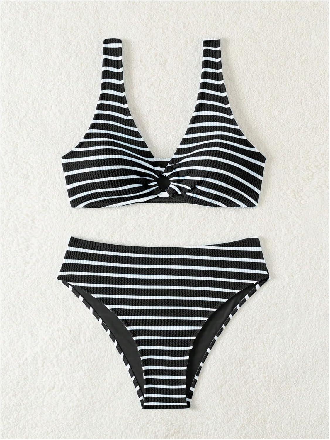 imageSOLY HUX Womens Striped Bathing Suit V Neck High Waisted Bikini Sets Two Piece SwimsuitBlack Striped