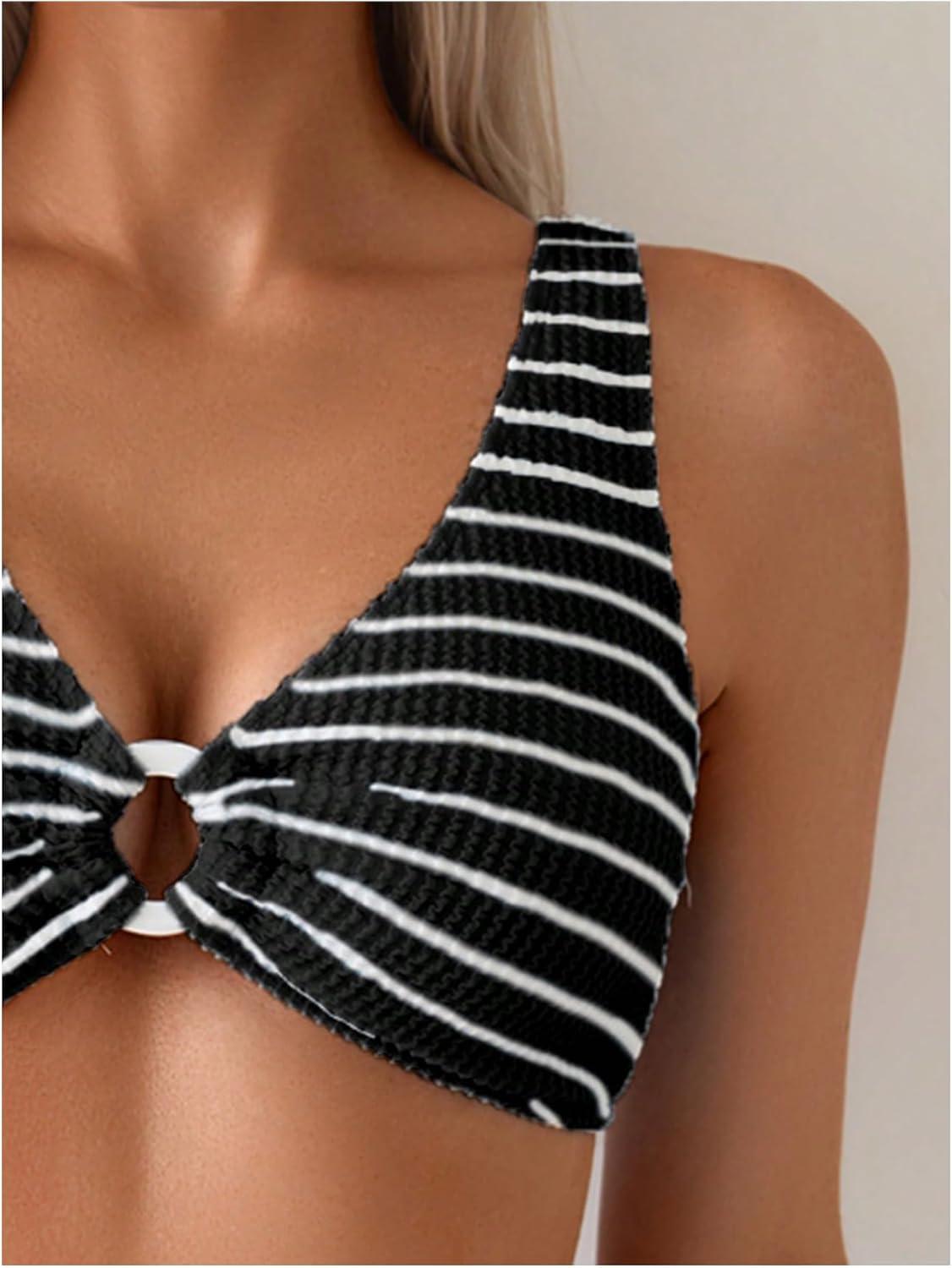 imageSOLY HUX Womens Striped Bathing Suit V Neck High Waisted Bikini Sets Two Piece SwimsuitBlack and White Striped