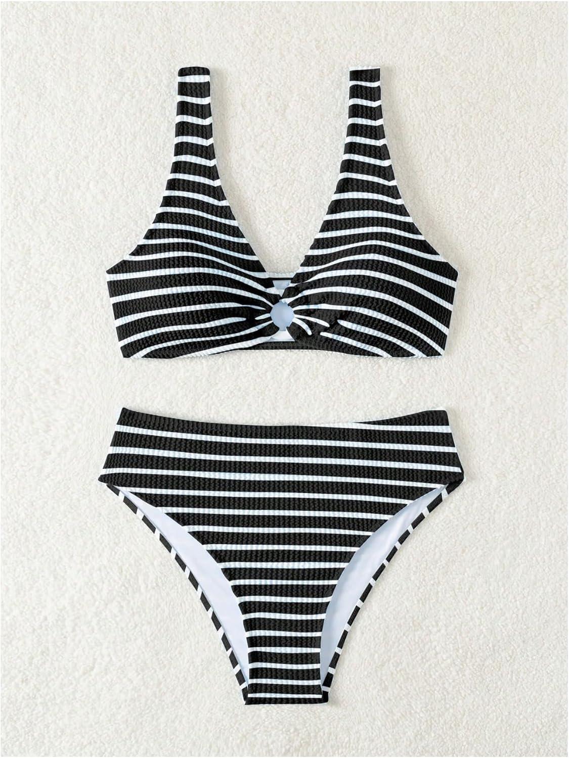 imageSOLY HUX Womens Striped Bathing Suit V Neck High Waisted Bikini Sets Two Piece SwimsuitBlack and White Striped