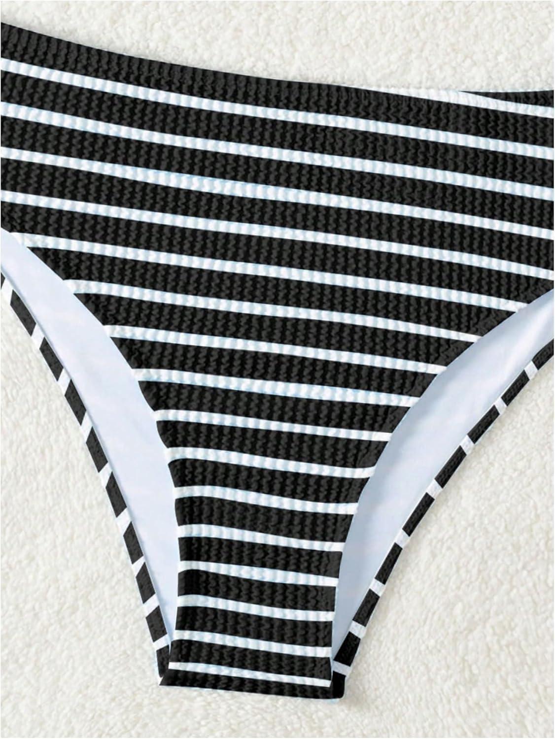 imageSOLY HUX Womens Striped Bathing Suit V Neck High Waisted Bikini Sets Two Piece SwimsuitBlack and White Striped