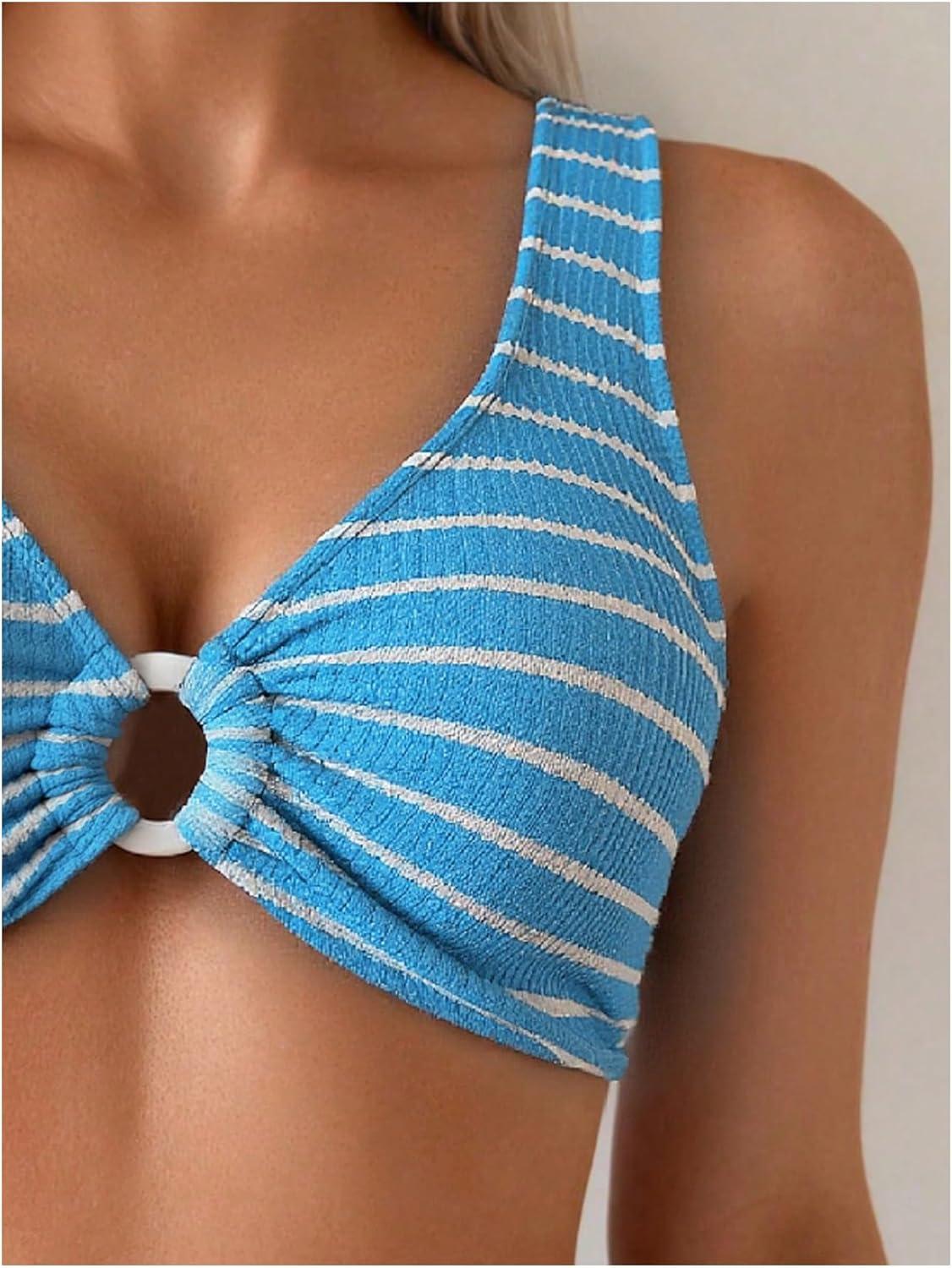 imageSOLY HUX Womens Striped Bathing Suit V Neck High Waisted Bikini Sets Two Piece SwimsuitBlue Striped