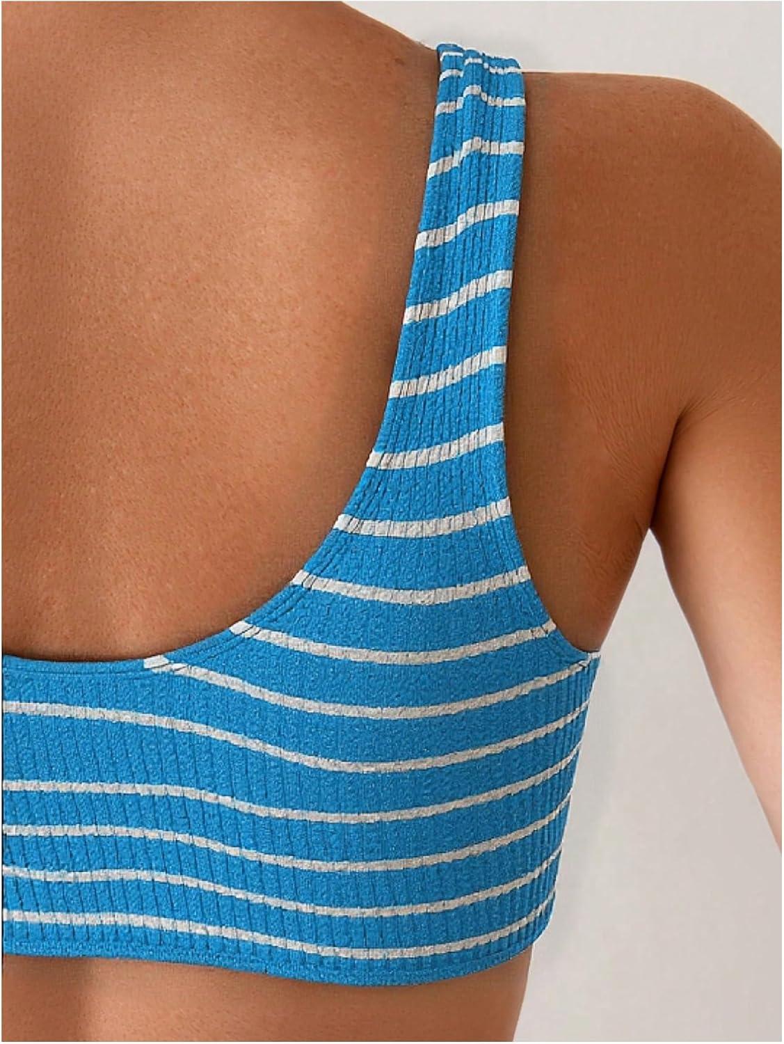 imageSOLY HUX Womens Striped Bathing Suit V Neck High Waisted Bikini Sets Two Piece SwimsuitBlue Striped