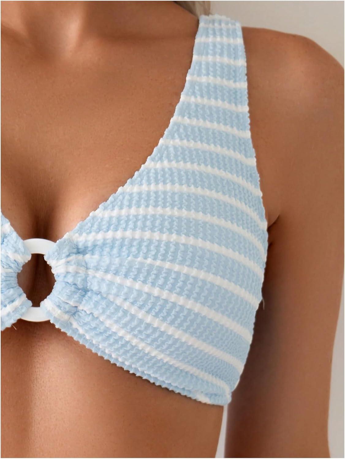 imageSOLY HUX Womens Striped Bathing Suit V Neck High Waisted Bikini Sets Two Piece SwimsuitBlue and White Striped