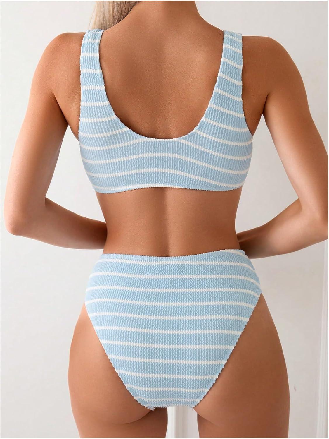 imageSOLY HUX Womens Striped Bathing Suit V Neck High Waisted Bikini Sets Two Piece SwimsuitBlue and White Striped