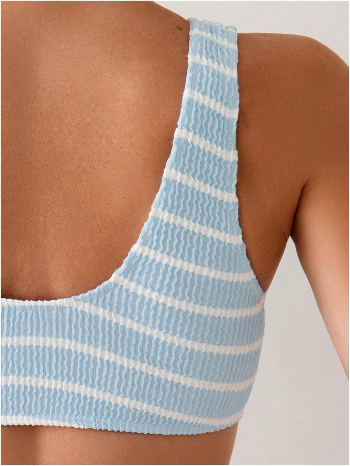imageSOLY HUX Womens Striped Bathing Suit V Neck High Waisted Bikini Sets Two Piece SwimsuitBlue and White Striped