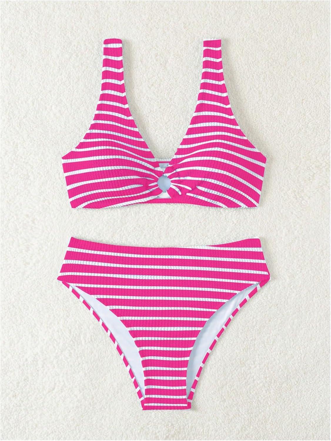 imageSOLY HUX Womens Striped Bathing Suit V Neck High Waisted Bikini Sets Two Piece SwimsuitPink Stripe
