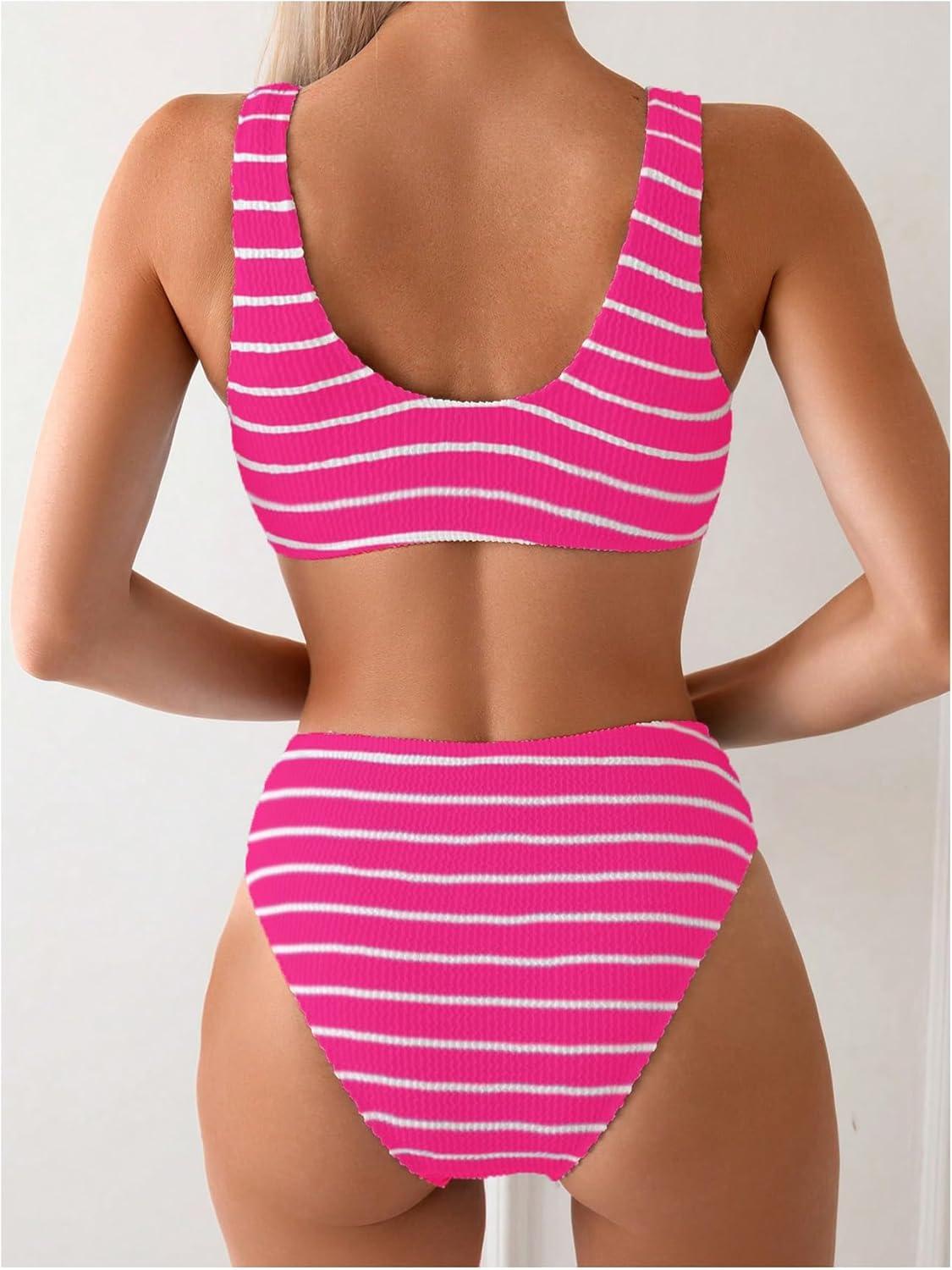 imageSOLY HUX Womens Striped Bathing Suit V Neck High Waisted Bikini Sets Two Piece SwimsuitPink Stripe