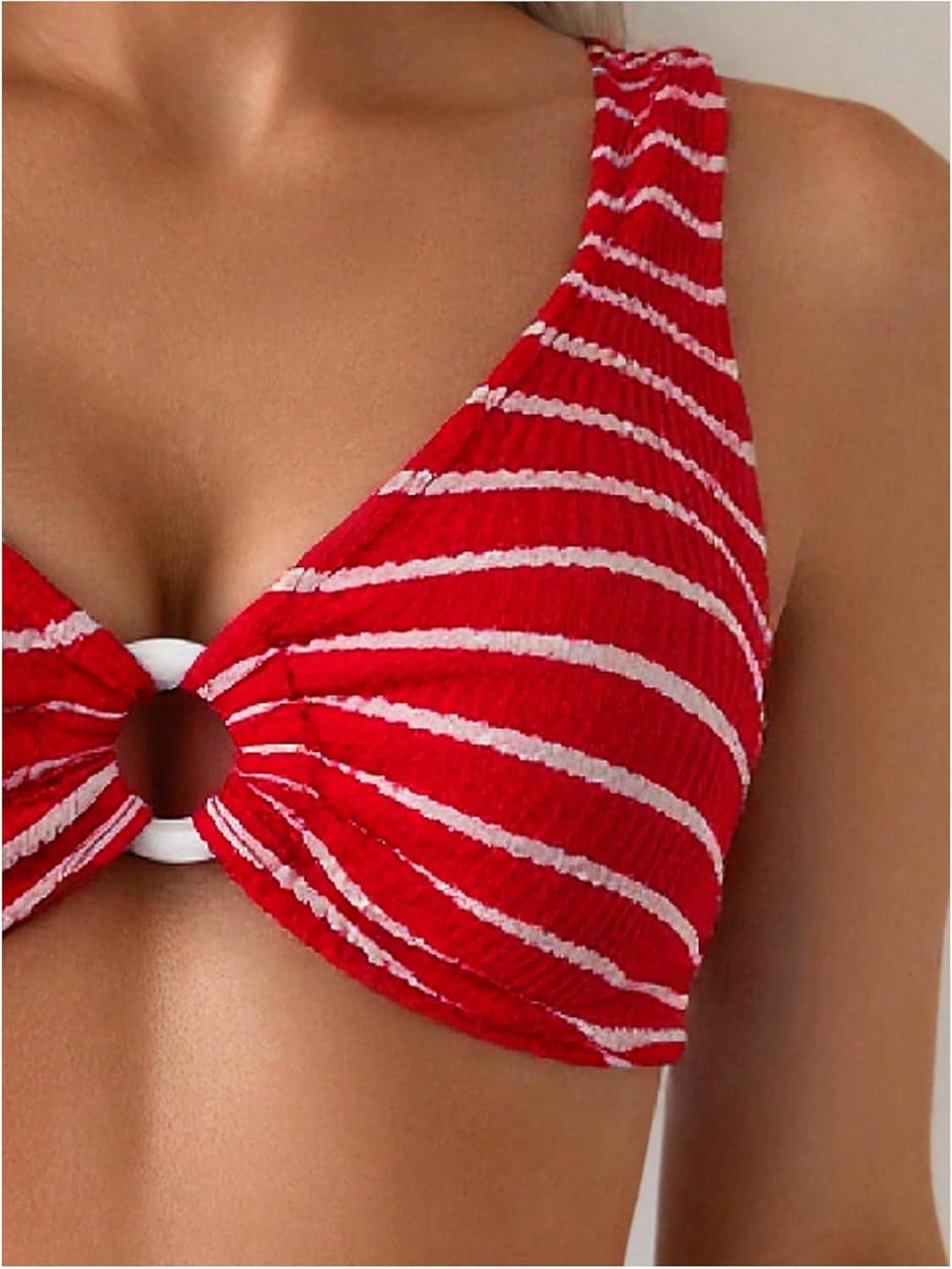 imageSOLY HUX Womens Striped Bathing Suit V Neck High Waisted Bikini Sets Two Piece SwimsuitRed Striped