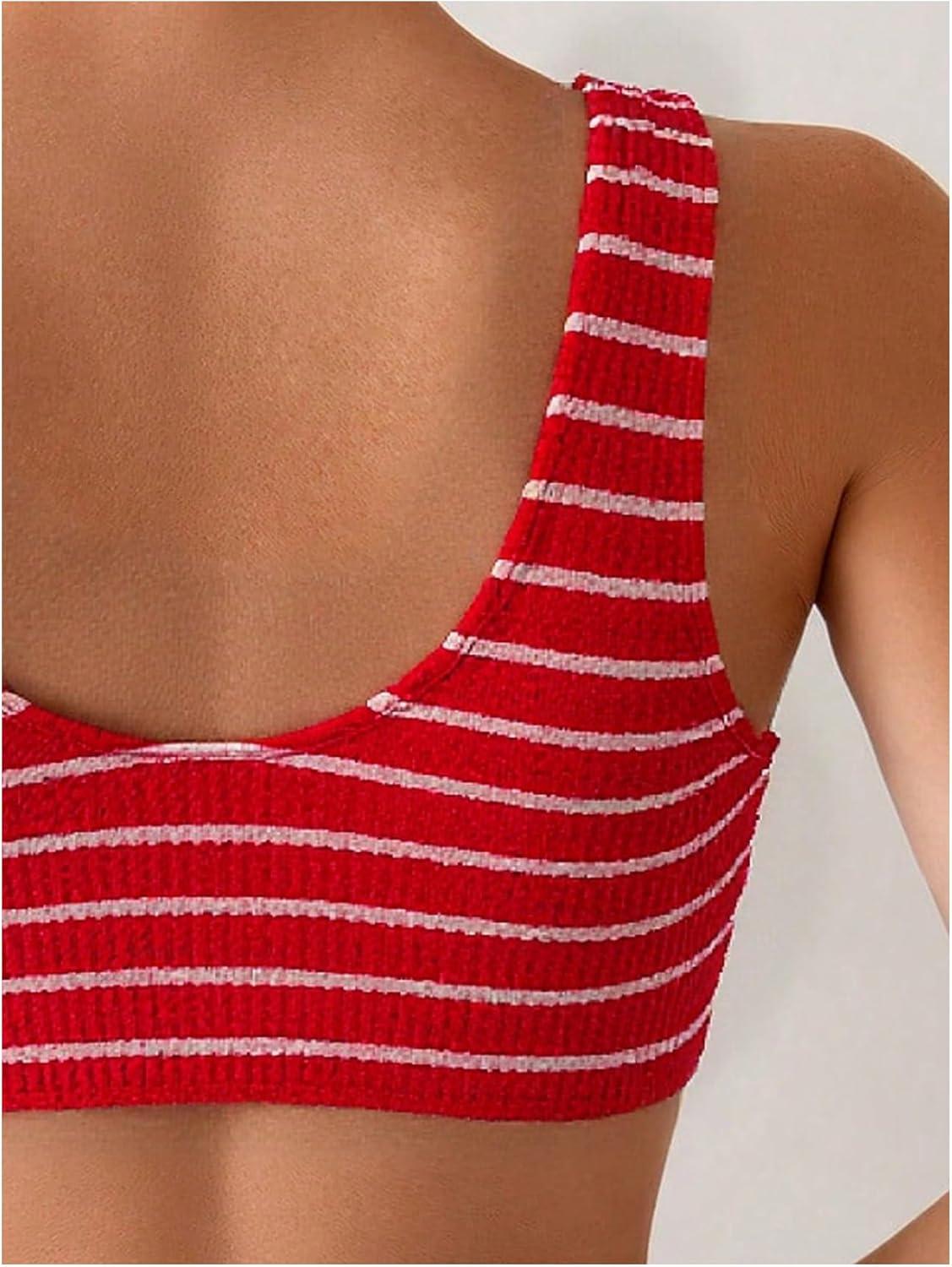 imageSOLY HUX Womens Striped Bathing Suit V Neck High Waisted Bikini Sets Two Piece SwimsuitRed Striped