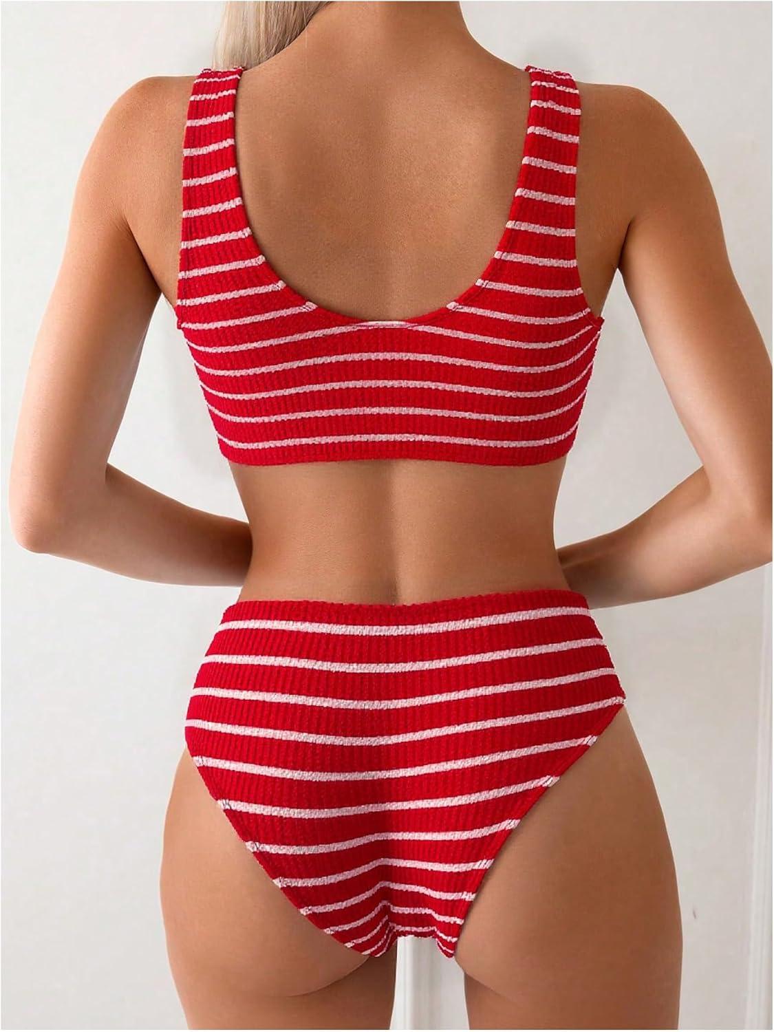 imageSOLY HUX Womens Striped Bathing Suit V Neck High Waisted Bikini Sets Two Piece SwimsuitRed Striped