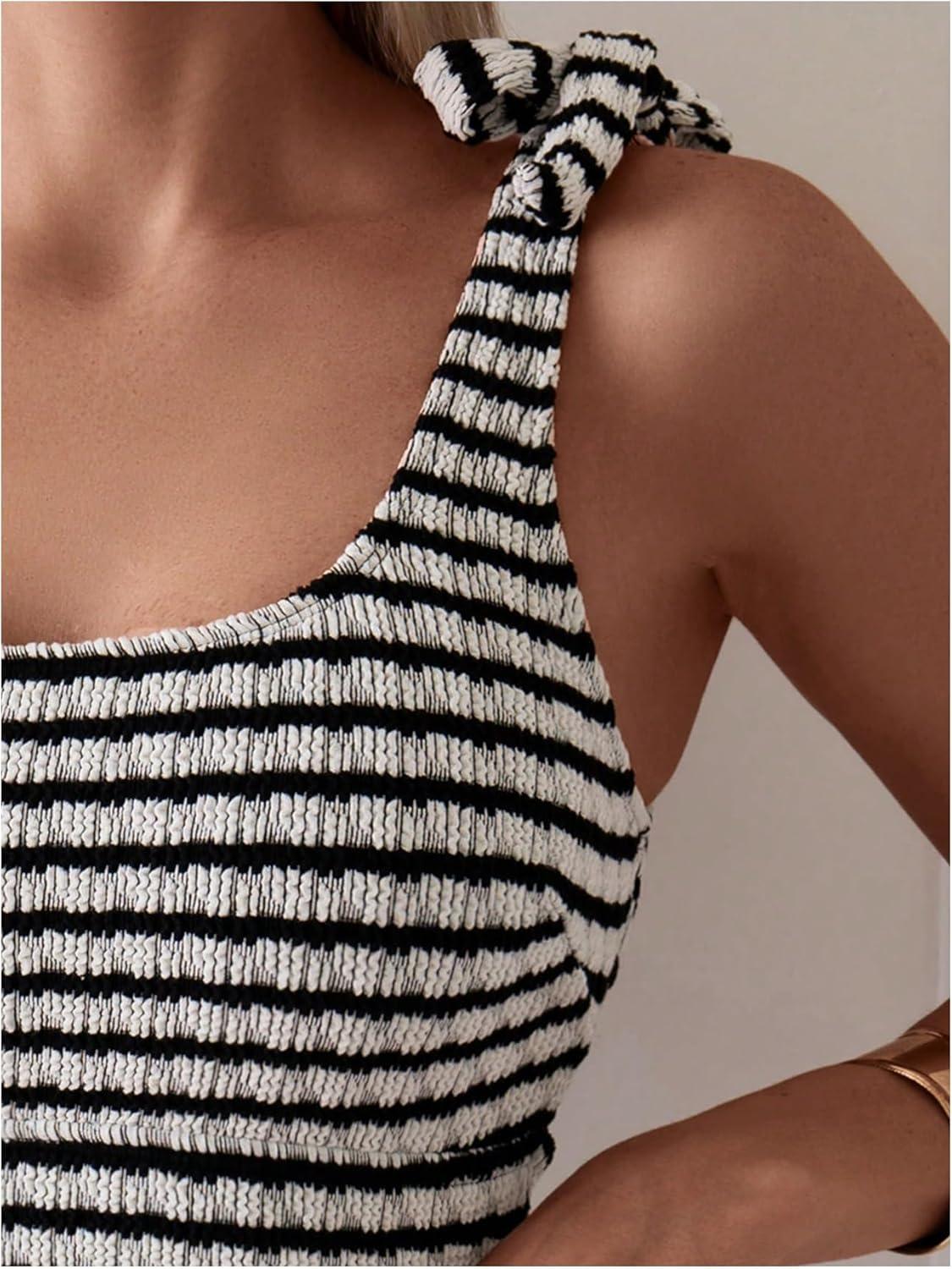 imageSOLY HUX Womens Striped Tankini Sets Tie Shoulder High Waisted Swimsuits Two Piece Bathing SuitBlack and White Striped