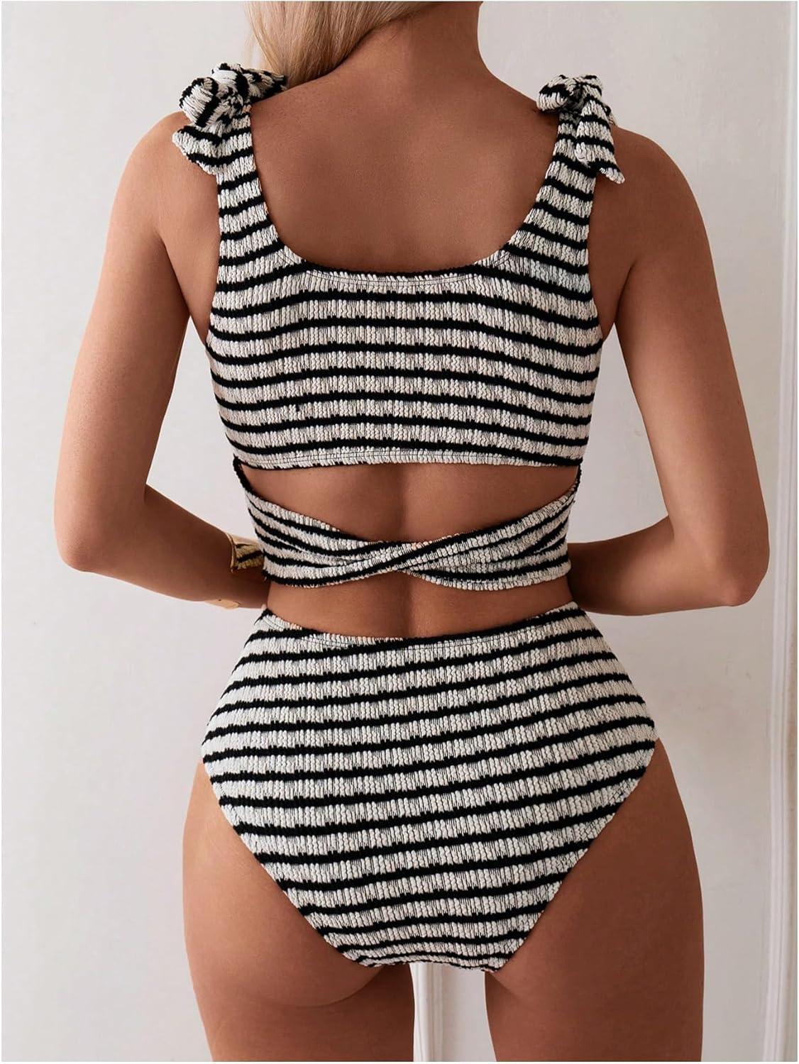 imageSOLY HUX Womens Striped Tankini Sets Tie Shoulder High Waisted Swimsuits Two Piece Bathing SuitBlack and White Striped
