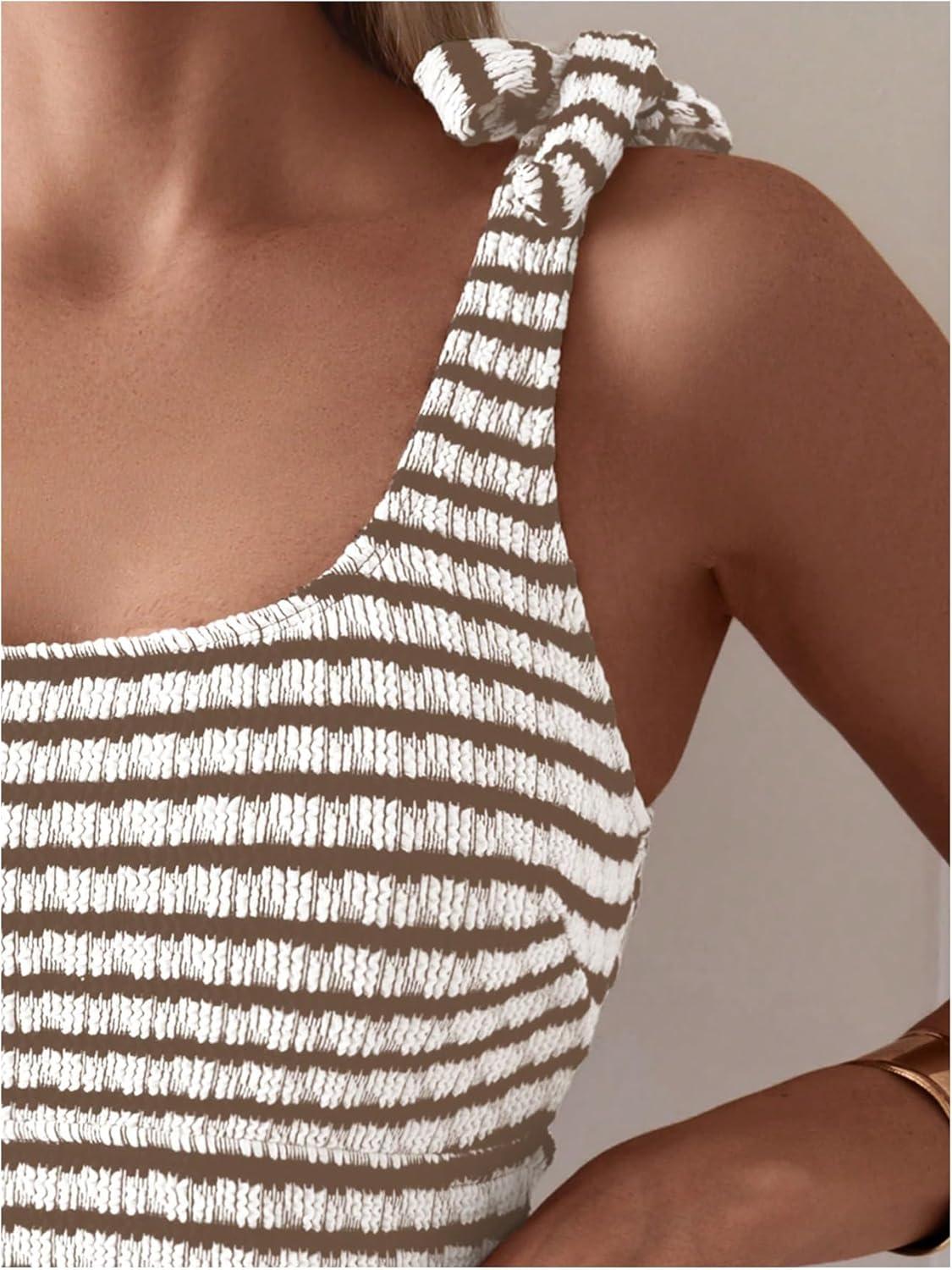 imageSOLY HUX Womens Striped Tankini Sets Tie Shoulder High Waisted Swimsuits Two Piece Bathing SuitMulticoloured Striped