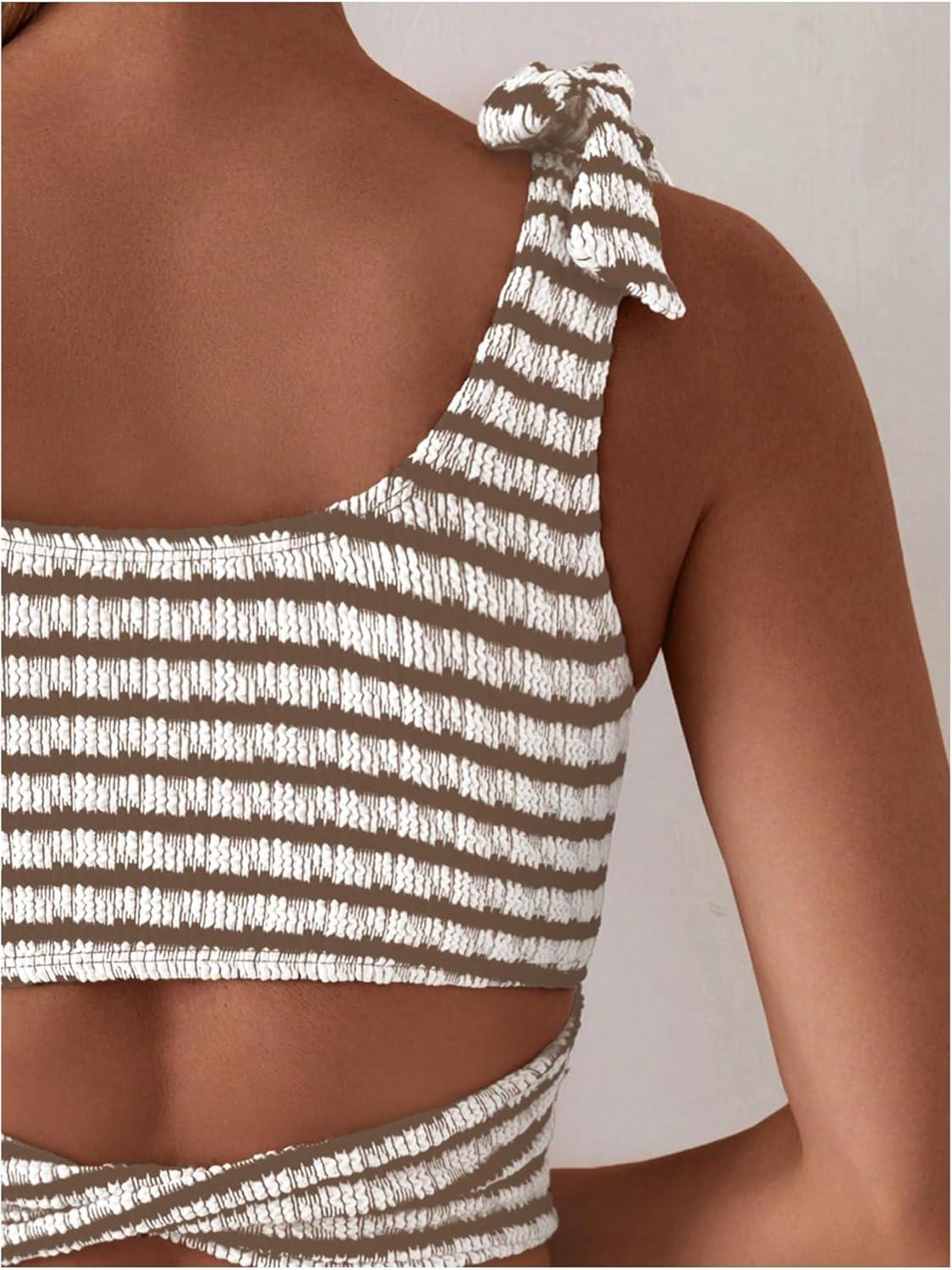 imageSOLY HUX Womens Striped Tankini Sets Tie Shoulder High Waisted Swimsuits Two Piece Bathing SuitMulticoloured Striped