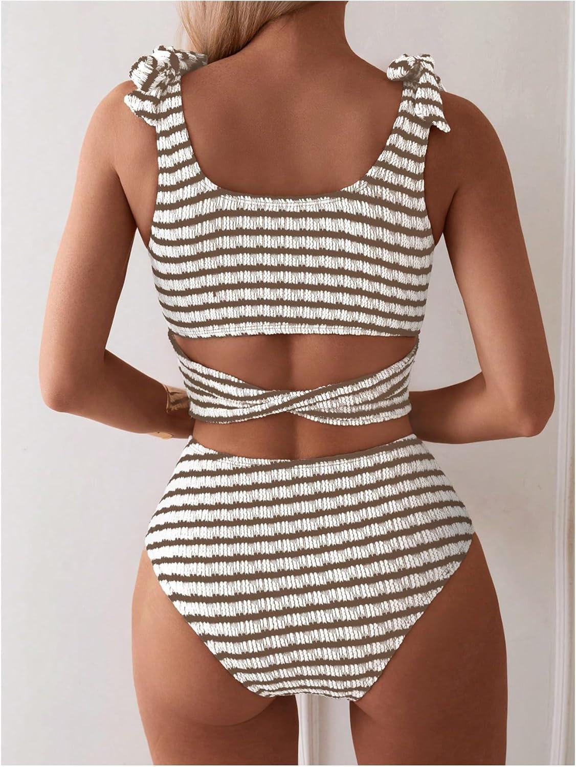 imageSOLY HUX Womens Striped Tankini Sets Tie Shoulder High Waisted Swimsuits Two Piece Bathing SuitMulticoloured Striped
