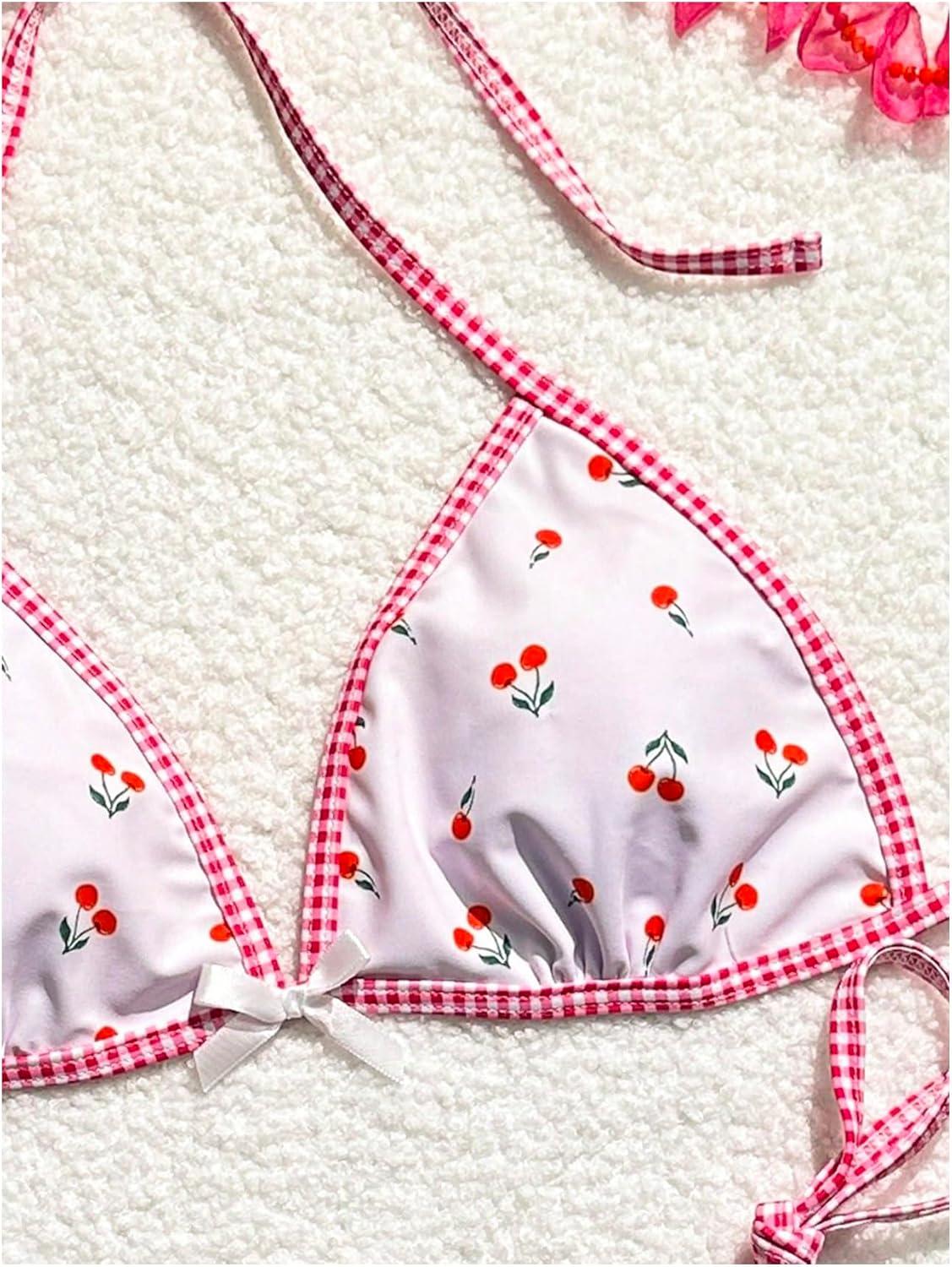 imageSOLY HUX Womens Swimsuit Cherry Print Halter Triangle Tie Side Bikini Sets Two Piece Bathing SuitsMulticoloured Plaid