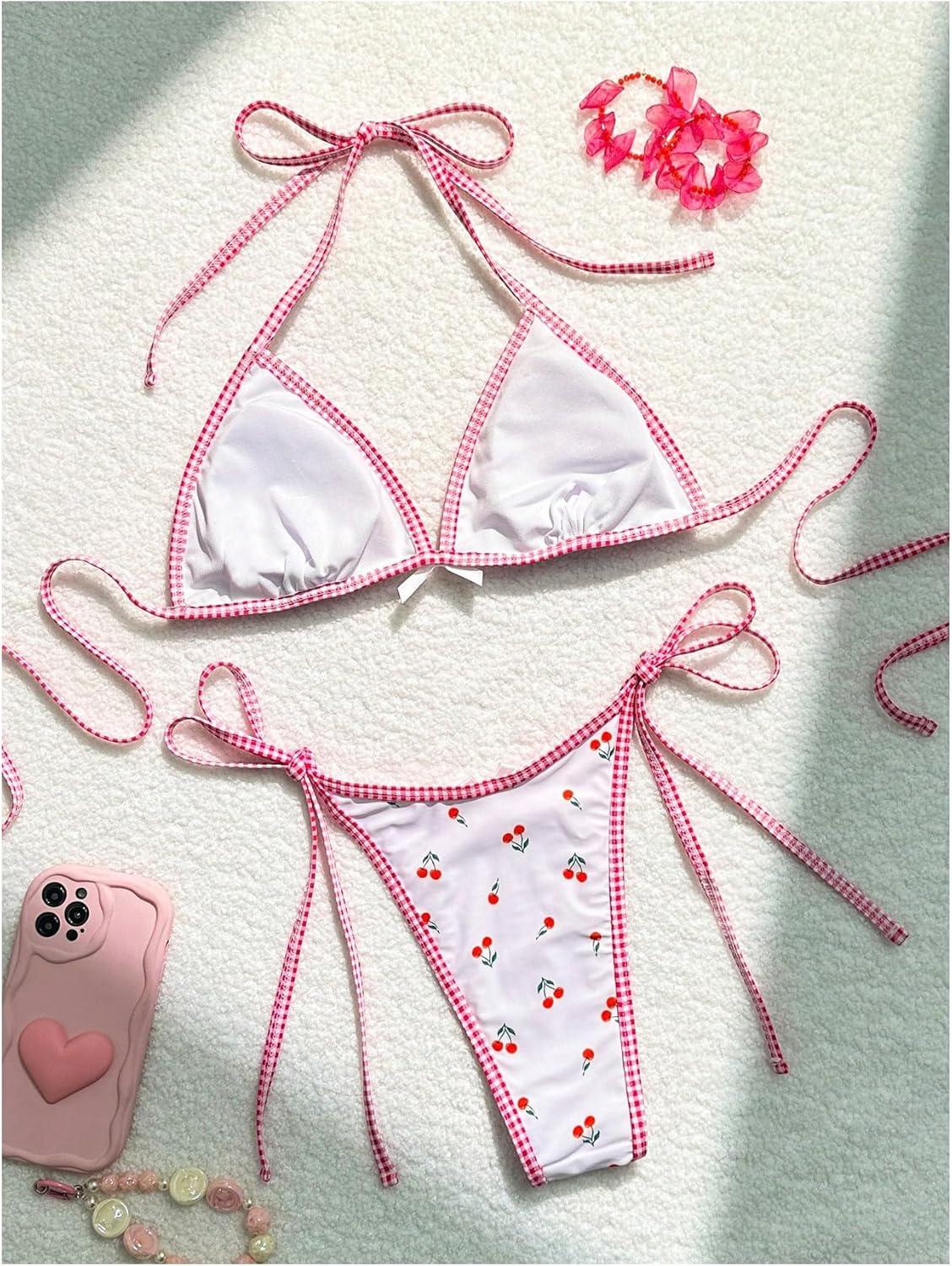 imageSOLY HUX Womens Swimsuit Cherry Print Halter Triangle Tie Side Bikini Sets Two Piece Bathing SuitsMulticoloured Plaid