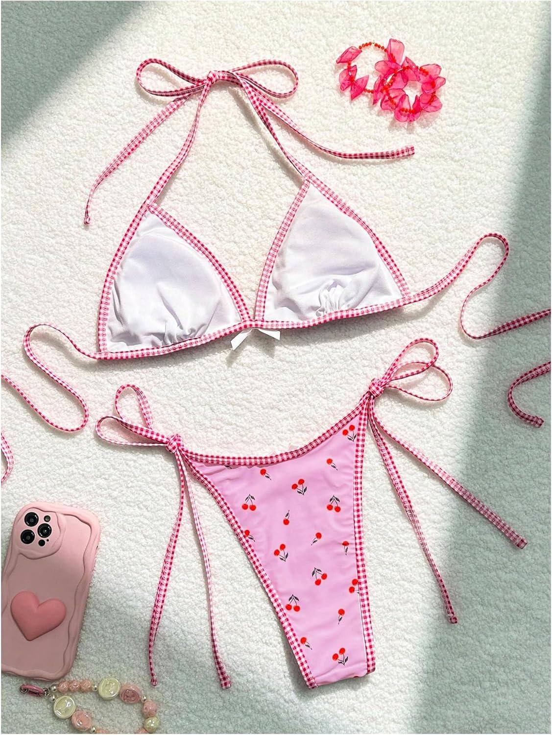 imageSOLY HUX Womens Swimsuit Cherry Print Halter Triangle Tie Side Bikini Sets Two Piece Bathing SuitsPink Plaid