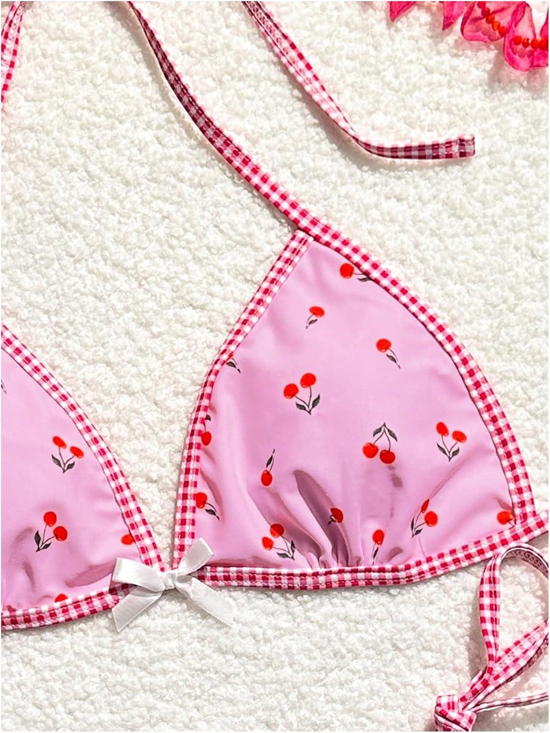 imageSOLY HUX Womens Swimsuit Cherry Print Halter Triangle Tie Side Bikini Sets Two Piece Bathing SuitsPink Plaid