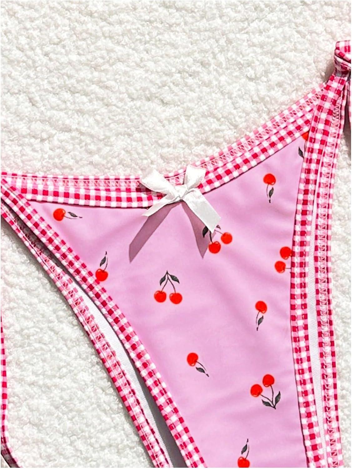 imageSOLY HUX Womens Swimsuit Cherry Print Halter Triangle Tie Side Bikini Sets Two Piece Bathing SuitsPink Plaid