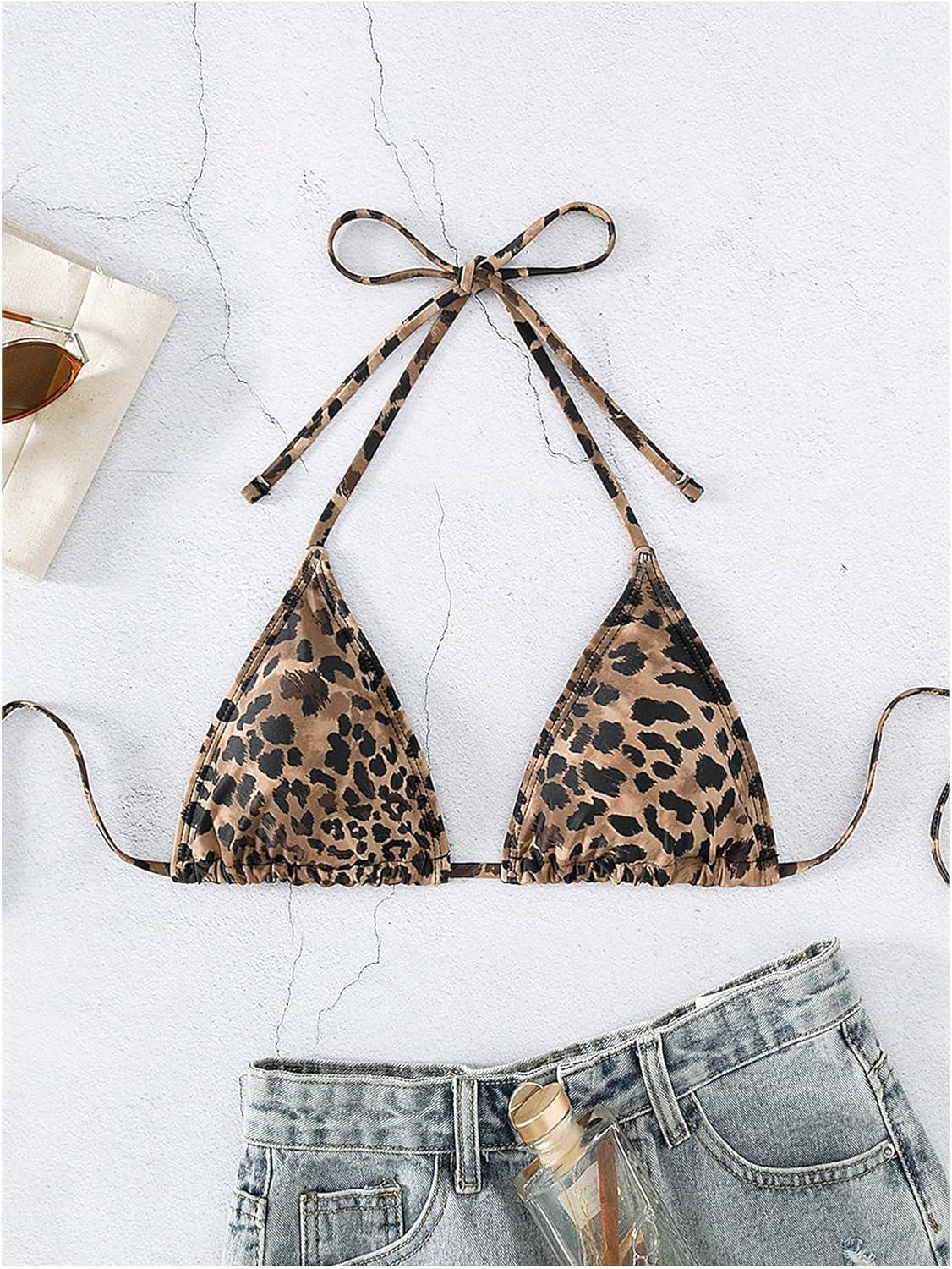 imageSOLY HUX Womens Triangle Bikini Top Tie String Push Up Sexy Halter Bathing Suits Tops BeachwearBrown Leopard