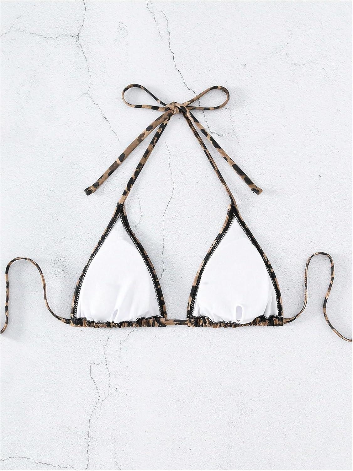 imageSOLY HUX Womens Triangle Bikini Top Tie String Push Up Sexy Halter Bathing Suits Tops BeachwearBrown Leopard
