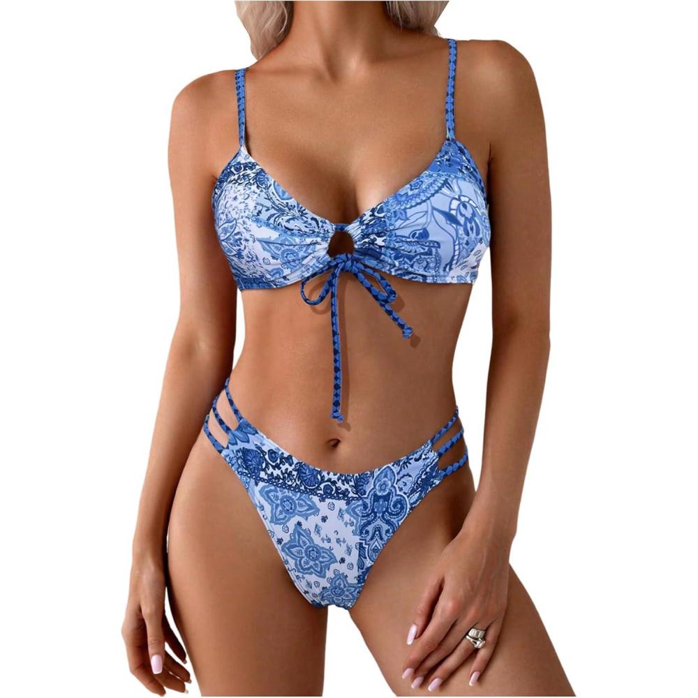 imageSOLY HUX Bathing Suit for Women Boho Paisley Print Tie Front Cut Out Swimsuit Two Piece Bikini SetsBlue Printed