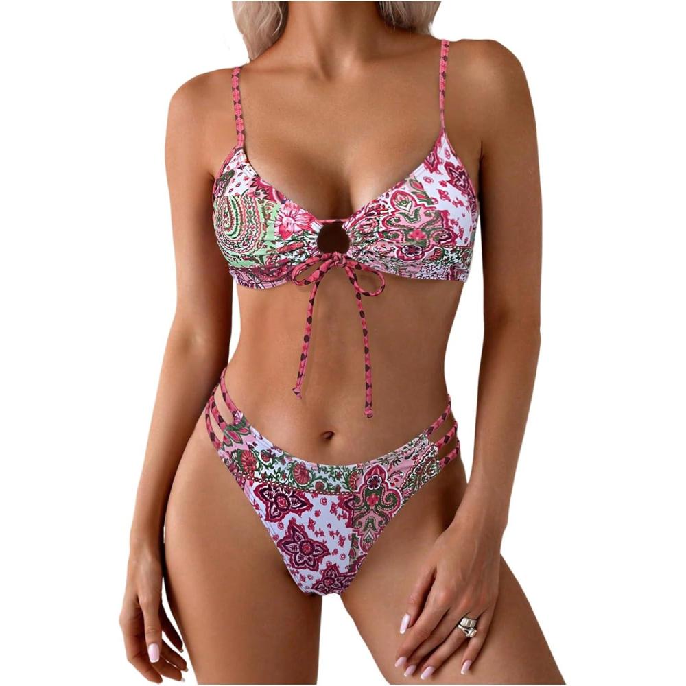 imageSOLY HUX Bathing Suit for Women Boho Paisley Print Tie Front Cut Out Swimsuit Two Piece Bikini SetsRed Printed
