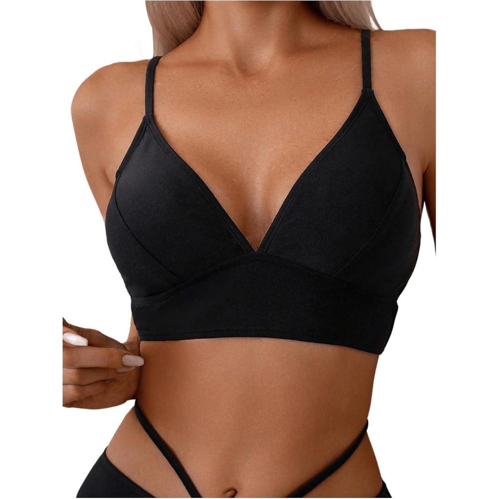imageSOLY HUX Womens Bikini Top Spaghetti Strap V Neck Bathing Suit Tops SwimsuitSolid Black