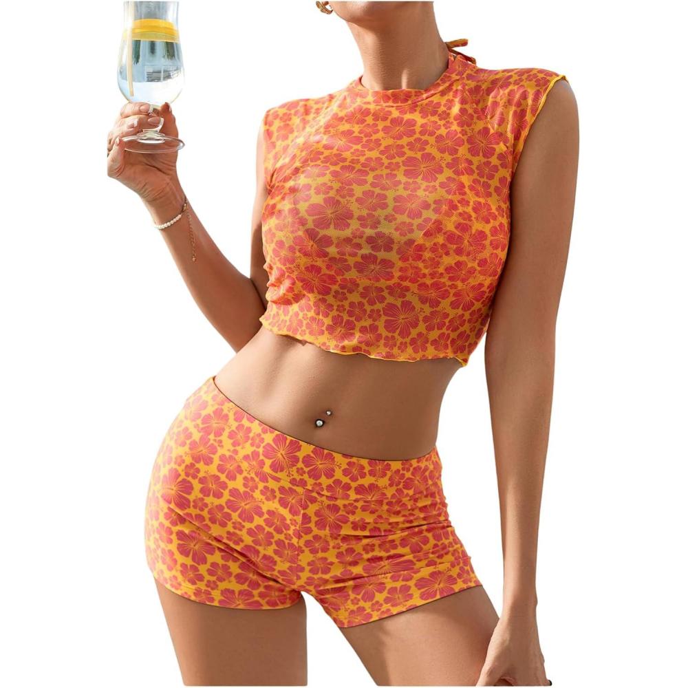 imageSOLY HUX Womens Floral Print Halter Top and Shorts Bikini Bathing Suits 3 Piece Swimsuit with Cover Up TopOrange Flowers
