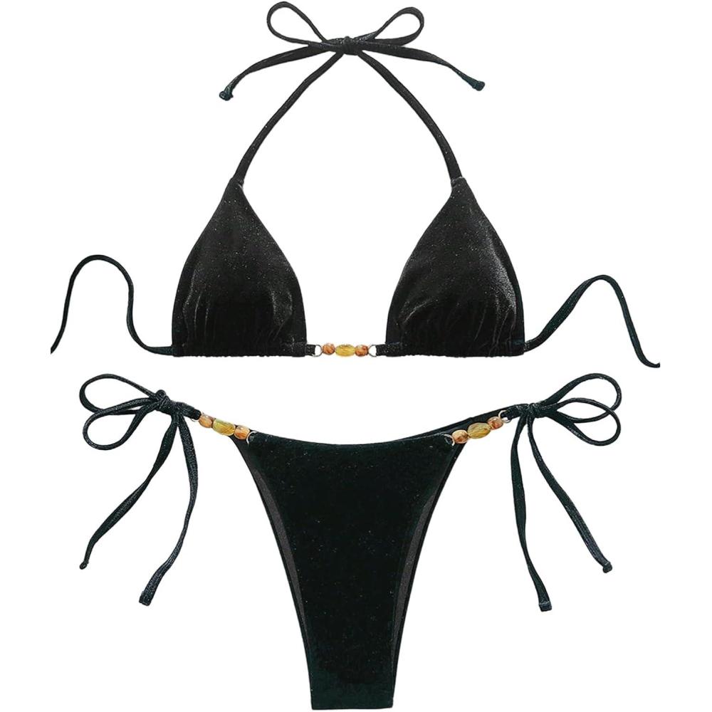 imageSOLY HUX Womens Halter Triangle Bathing Suit String Bikini Set Tie Side Two Piece SwimsuitSolid Black Velvet