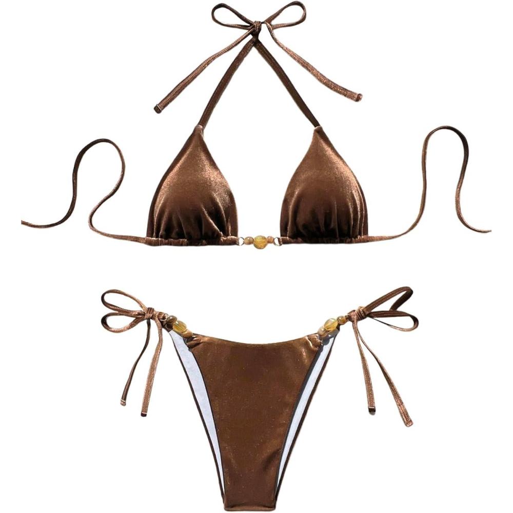 imageSOLY HUX Womens Halter Triangle Bathing Suit String Bikini Set Tie Side Two Piece SwimsuitSolid Brown Velvet