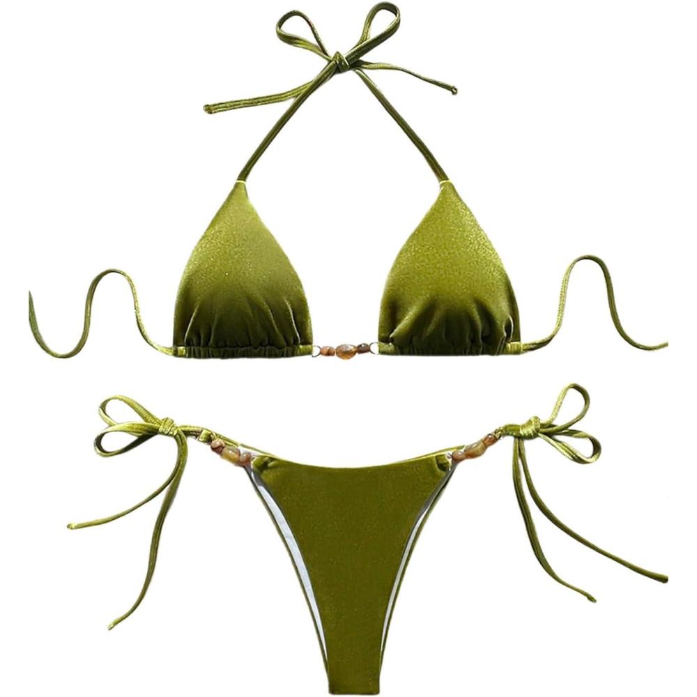 imageSOLY HUX Womens Halter Triangle Bathing Suit String Bikini Set Tie Side Two Piece SwimsuitSolid Green
