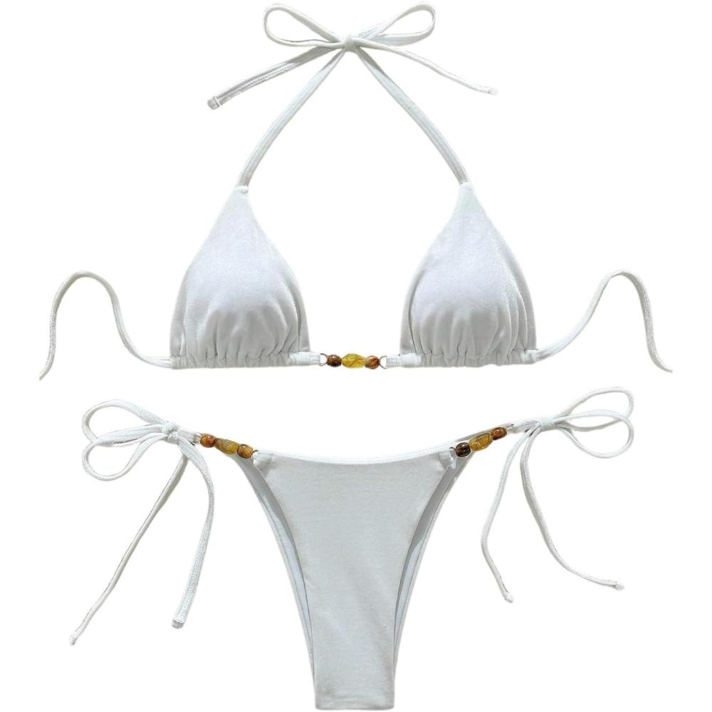 imageSOLY HUX Womens Halter Triangle Bathing Suit String Bikini Set Tie Side Two Piece SwimsuitSolid White Velvet