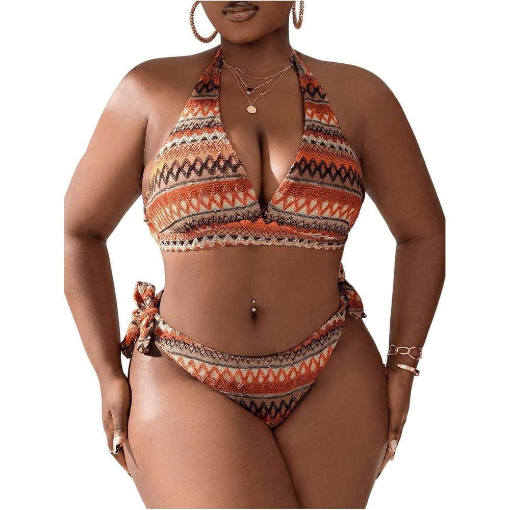 imageSOLY HUX Womens Plus Size Bikini Sets Halter Deep V Neck Piece 2 Bathing Suits Print Sexy SwimsuitsOrange Geo