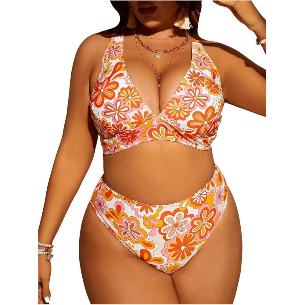 imageSOLY HUX Womens Plus Size Swimsuit Floral Print High Waisted Bikini Sets Two Piece Bathing SuitsMulticoloured Floral