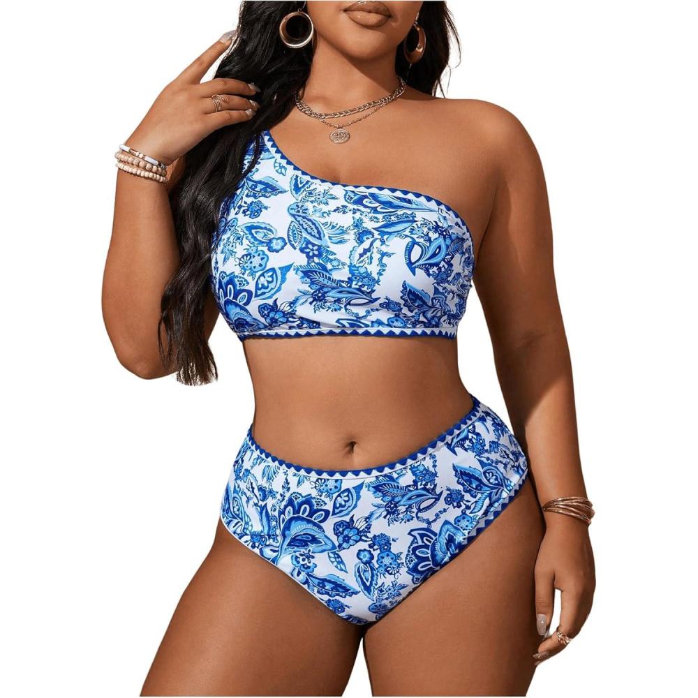 imageSOLY HUX Womens Plus Size Swimsuit Floral Print One Shoulder Bikini Sets Two Piece Bathing SuitBlue Paisley