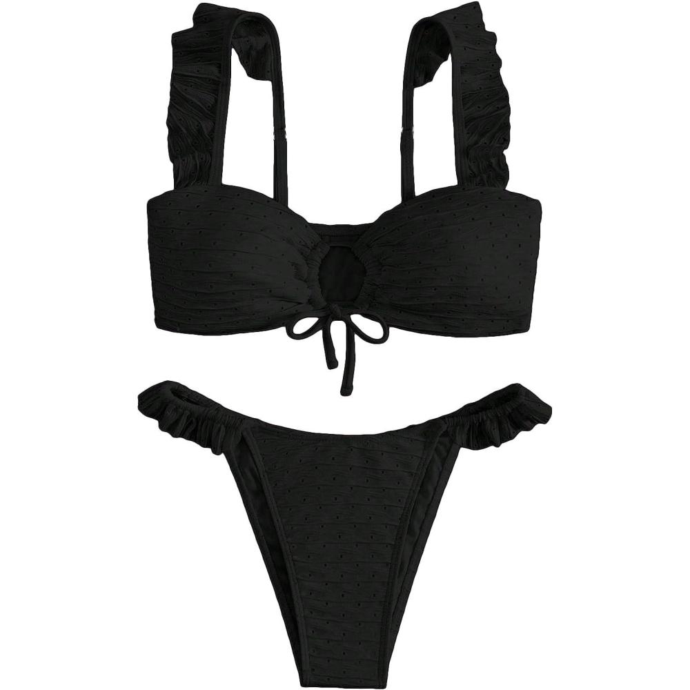 imageSOLY HUX Womens Ruffle Trim Tie Front Bikini Set Bathing Suits 2 Piece SwimsuitSolid Black