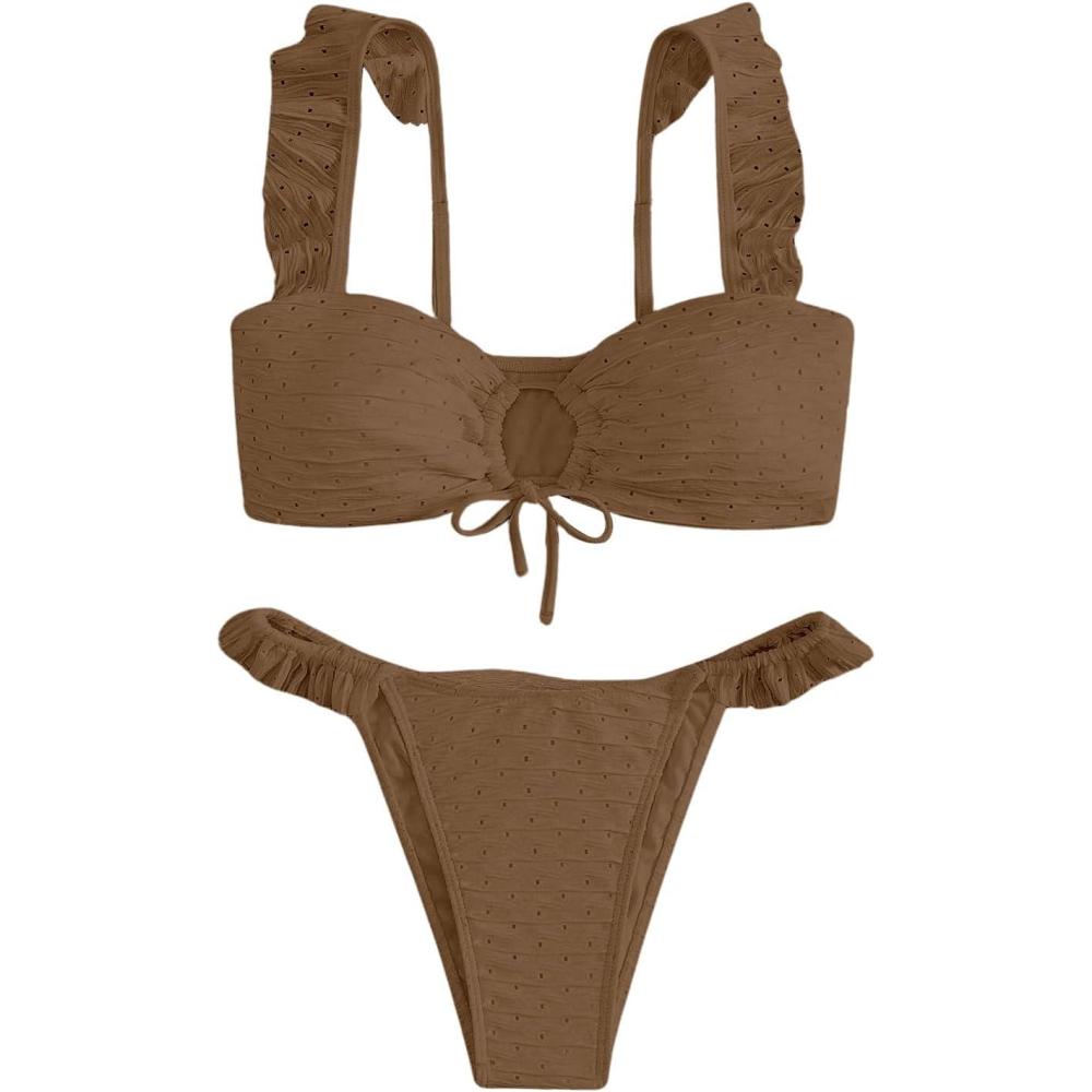 imageSOLY HUX Womens Ruffle Trim Tie Front Bikini Set Bathing Suits 2 Piece SwimsuitSolid Brown