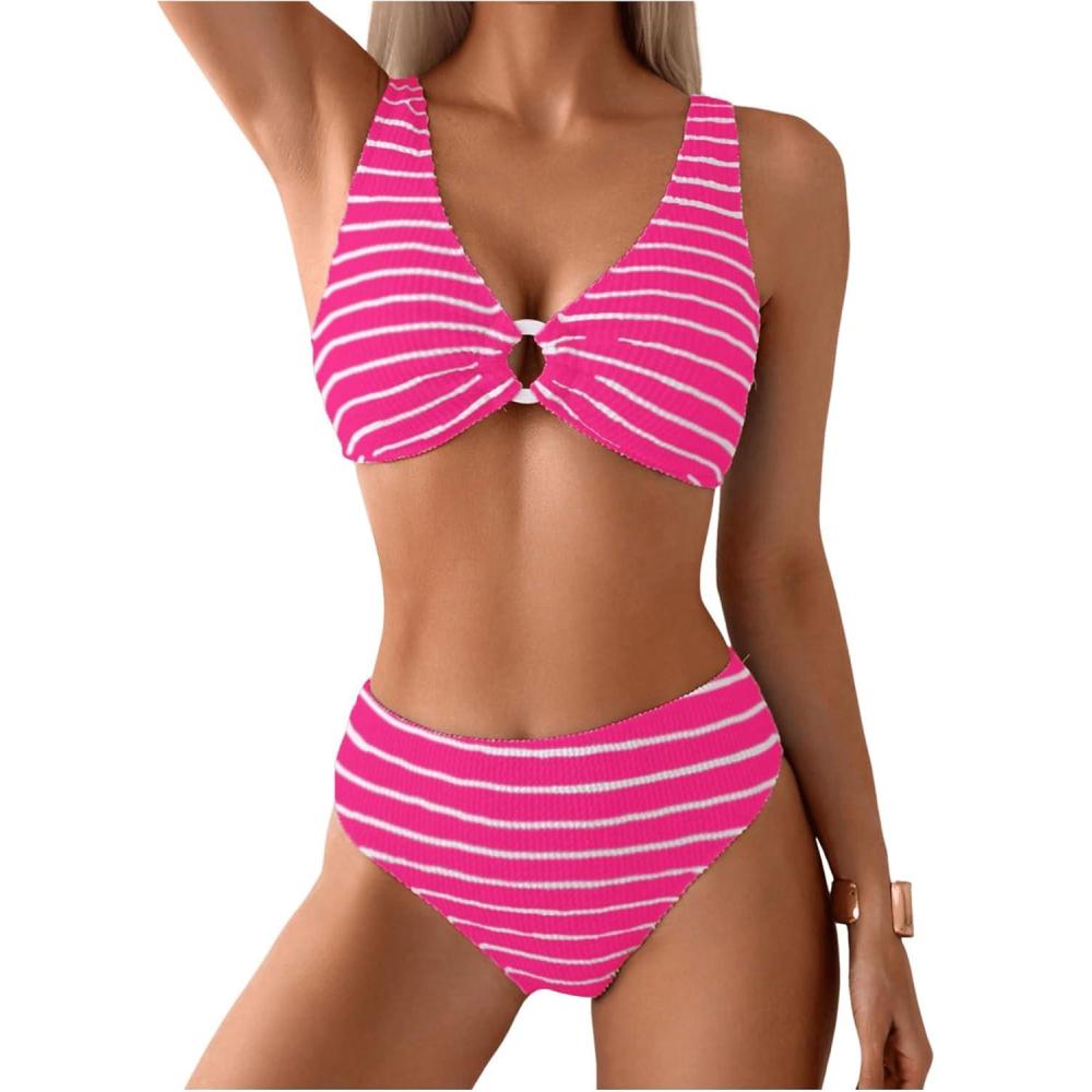 imageSOLY HUX Womens Striped Bathing Suit V Neck High Waisted Bikini Sets Two Piece SwimsuitPink Stripe