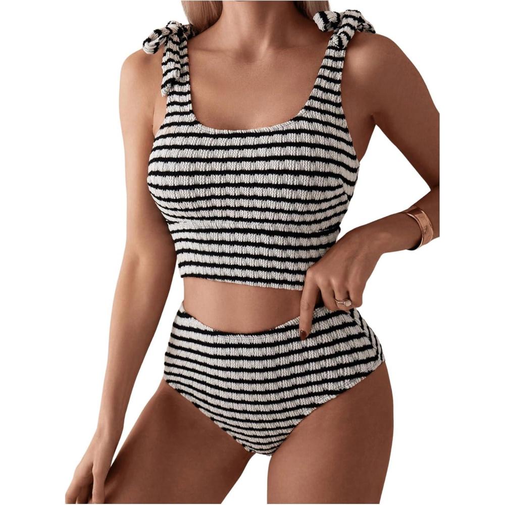 imageSOLY HUX Womens Striped Tankini Sets Tie Shoulder High Waisted Swimsuits Two Piece Bathing SuitBlack and White Striped