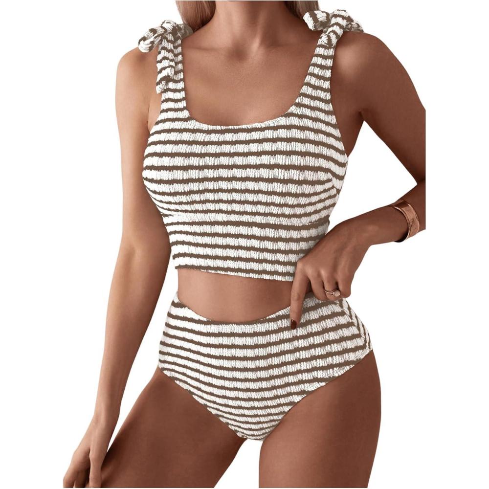 imageSOLY HUX Womens Striped Tankini Sets Tie Shoulder High Waisted Swimsuits Two Piece Bathing SuitMulticoloured Striped