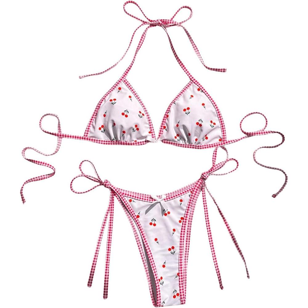 imageSOLY HUX Womens Swimsuit Cherry Print Halter Triangle Tie Side Bikini Sets Two Piece Bathing SuitsMulticoloured Plaid