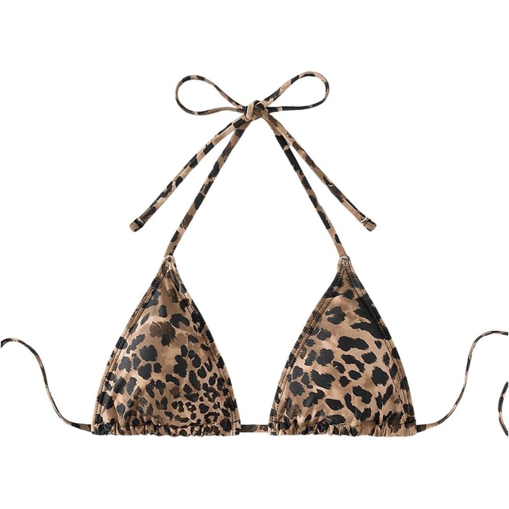 imageSOLY HUX Womens Triangle Bikini Top Tie String Push Up Sexy Halter Bathing Suits Tops BeachwearBrown Leopard