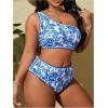 imageSOLY HUX Womens Plus Size Swimsuit Floral Print One Shoulder Bikini Sets Two Piece Bathing SuitBlue Paisley