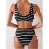 imageSOLY HUX Womens Striped Bathing Suit V Neck High Waisted Bikini Sets Two Piece SwimsuitBlack Striped
