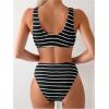 imageSOLY HUX Womens Striped Bathing Suit V Neck High Waisted Bikini Sets Two Piece SwimsuitBlack and White Striped