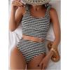 imageSOLY HUX Womens Striped Tankini Sets Tie Shoulder High Waisted Swimsuits Two Piece Bathing SuitBlack and White Striped